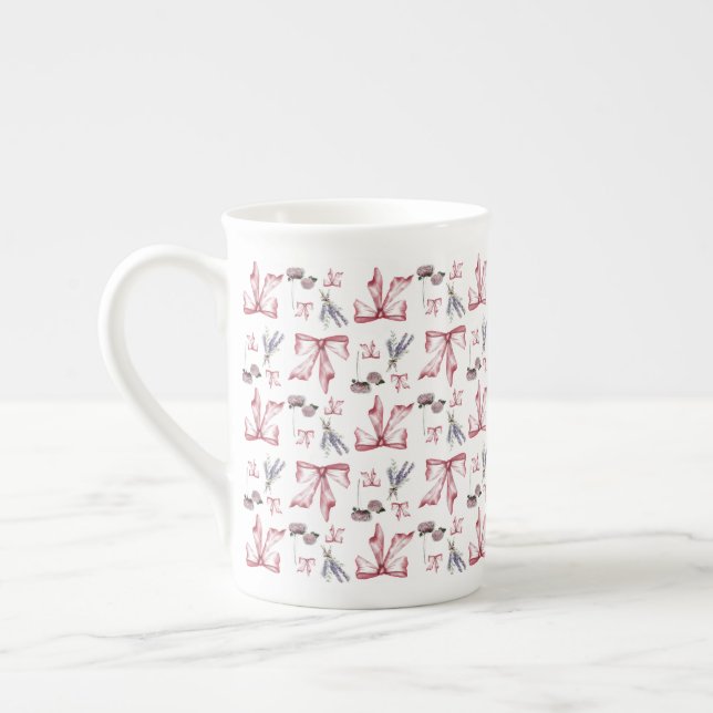 Coquette Bow and Floral Print - Soft Pink Bone China Mug (Left)