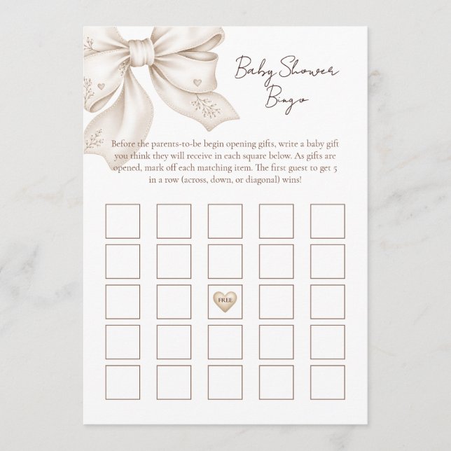 Coquette Bow Baby Shower Bingo Card (Front)
