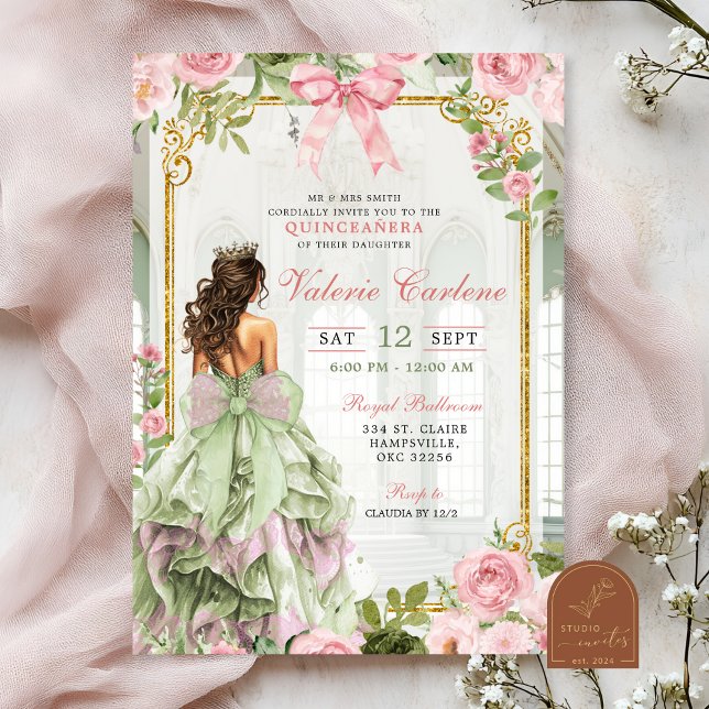 Coquette Bow Ballroom Sage Blush Pink Quinceanera Invitation (Creator Uploaded)