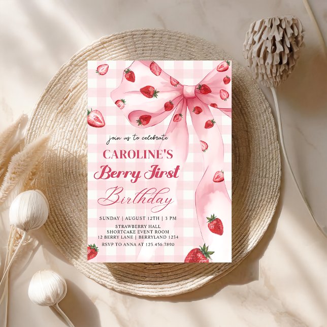 Coquette Bow Berry First Strawberry 1st Birthday Invitation (Creator Uploaded)