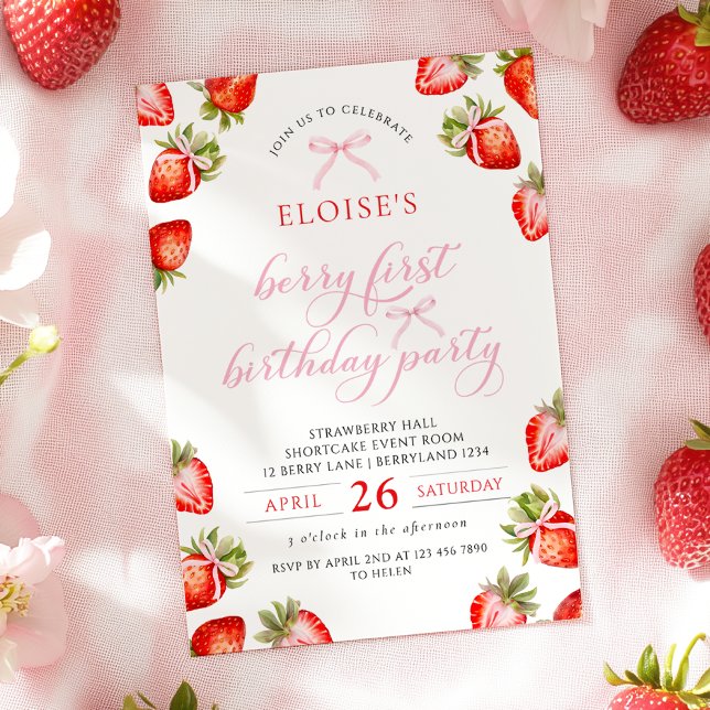 Coquette Bow Berry First Strawberry First Birthday Invitation (Creator Uploaded)