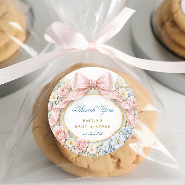 Coquette Bow Bloom Baby Shower Thank You Classic Round Sticker (Creator Uploaded)