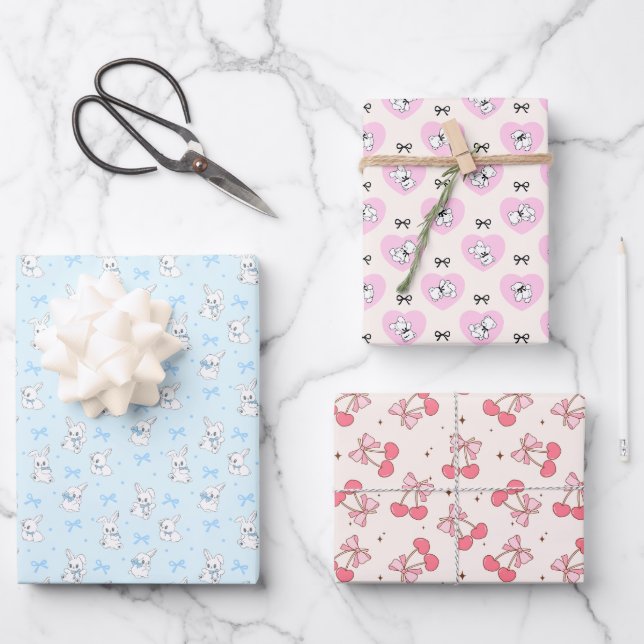 Coquette Bow Bunny Bear Cherry Wrapping Paper Sheet (Front)