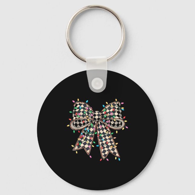 Coquette Bow Chequered Christmas Xmas Lights Pajam Keychain (Front)