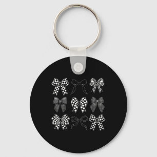 Coquette Bow Chequered Flag Race Car Racing Women Keychain