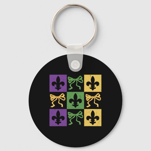 Coquette Bow Chequered Fleur De Lis Mardi Gras Car Keychain (Front)