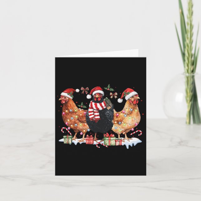 Coquette Bow Chicken Christmas Hat Lights Farm Ani Card (Front)
