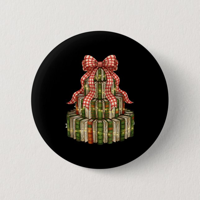 Coquette Bow Christmas Books Xmas Tree Librarian  2 Inch Round Button (Front)