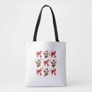 Coquette Bow Christmas Highland Cow Santa Cute Xma Tote Bag