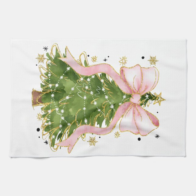 Coquette Bow Christmas Tree Holiday Girly Outfit W Kitchen Towel (Horizontal)