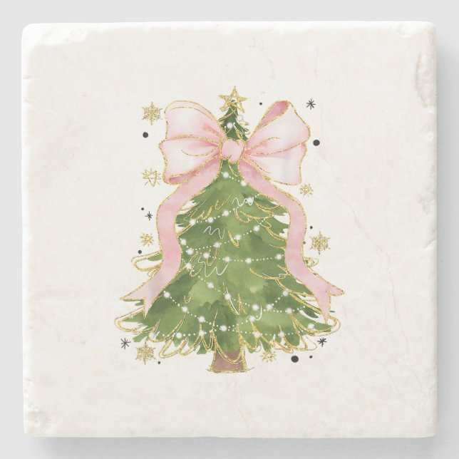 Coquette Bow Christmas Tree Holiday Girly Outfit W Stone Coaster (Front)