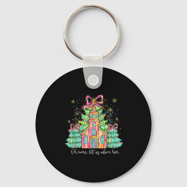 Coquette Bow Christmas Tree Jesus Oh Come Let Us A Keychain (Front)