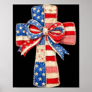 Coquette Bow Cross Patchwork Flag Faith Jesus Poster