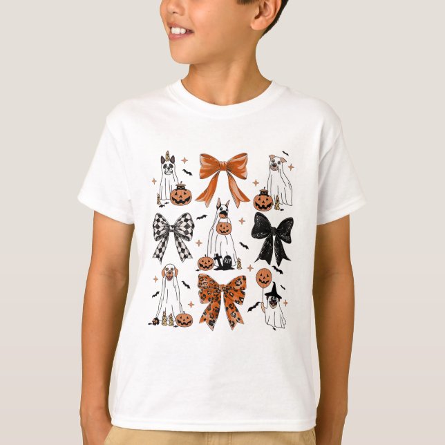 Coquette Bow Cute Ghost Dogs Halloween Pumpkin Spo T-Shirt (Front)