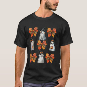 Coquette Bow Cute Ghost Dogs Halloween Pumpkin Spo T-Shirt