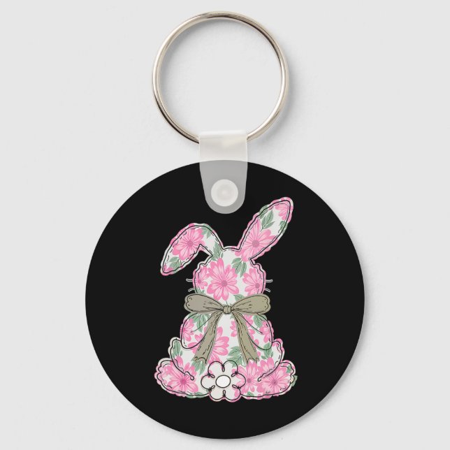 Coquette Bow Easter Bunny Spring Florals Women Tee Keychain (Front)