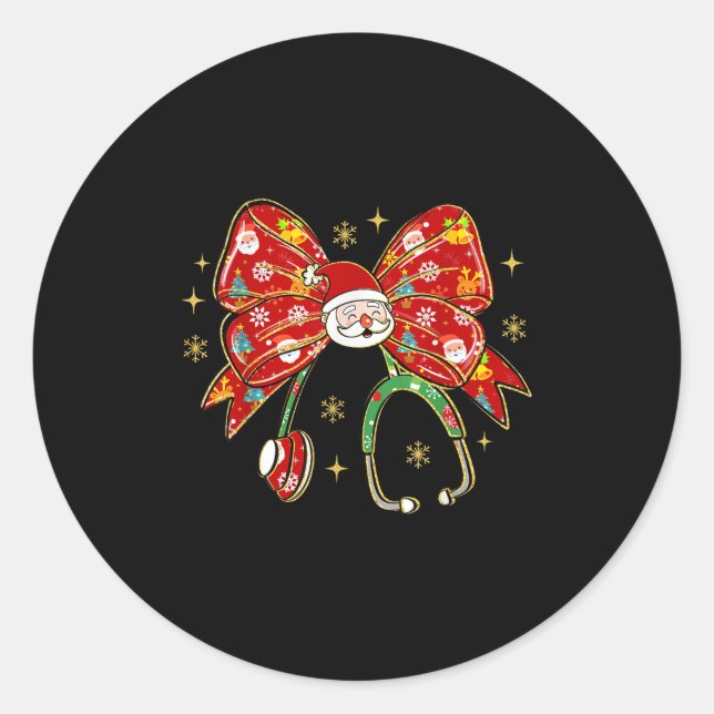 Coquette Bow Funny Nurse Christmas Stethoscope San Classic Round Sticker (Front)