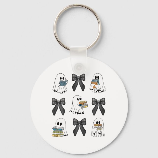 Coquette Bow Ghost Reading Books Sweater Halloween Keychain (Front)
