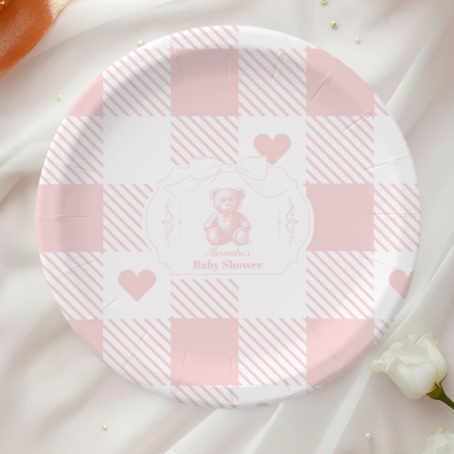 Coquette Bow Gingham French Teddy Bear Baby Shower Paper Plate (Creator Uploaded)