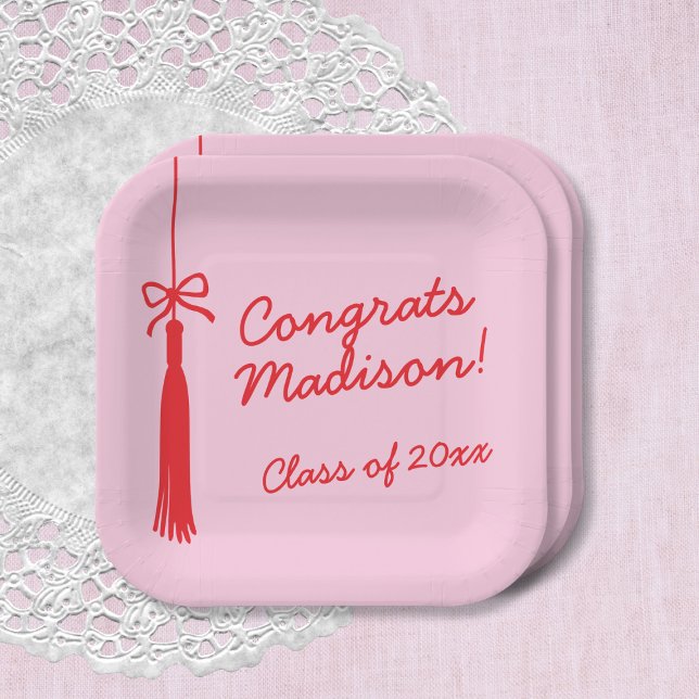 Coquette Bow Grad Tassel Pink Red 2025 Graduation Paper Plate (Coquette Bow Grad Tassel Pink Red 2025 Graduation Paper Plates)
