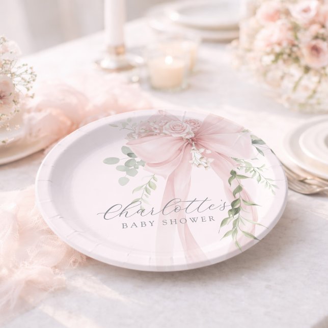 Coquette Bow Greenery Baby in bloom baby Shower Paper Plate (Creator Uploaded)