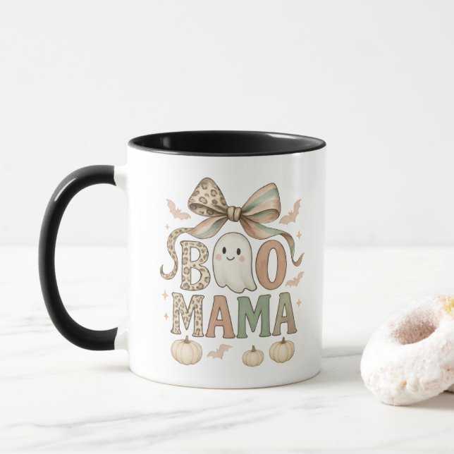 Coquette Bow Halloween Ghost Boo Mama Gift Mom Mug (With Donut)