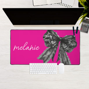 Coquette Bow Hot Pink Black Lace Custom Name Desk Mat