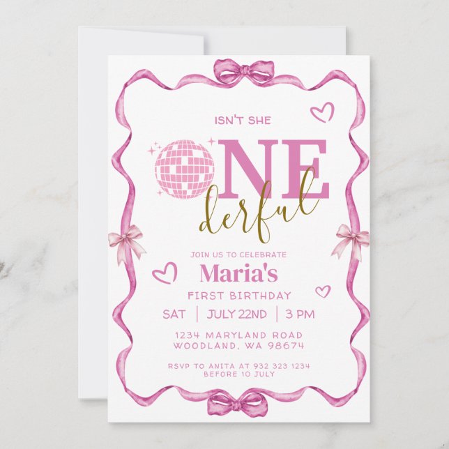 Coquette Bow Isn't She ONEderful Birthday Invitation (Front)