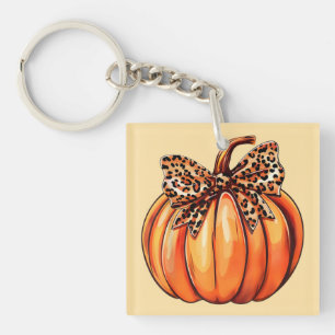 Coquette Bow Leopard Pumpkin Thanksgiving Rustic Keychain