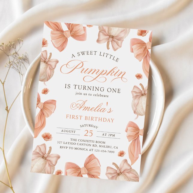 Coquette Bow Little Pumpkin Birthday Invitation (Creator Uploaded)