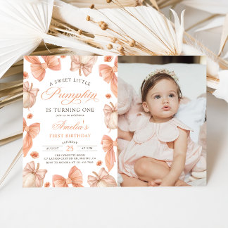 Coquette Bow Little Pumpkin Birthday Photo Invitation