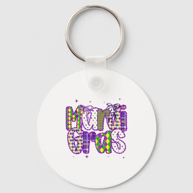Coquette Bow Mardi Gras Beads Keychain (Front)