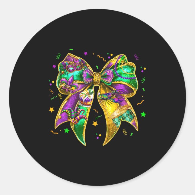 Coquette Bow Mardi Gras New Orleans Fleur De Lis F Classic Round Sticker (Front)
