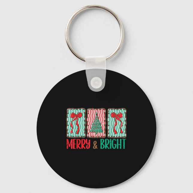 Coquette Bow Merry And Bright Christmas Tree Girl  Keychain (Front)