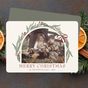 Coquette Bow Merry Christmas Personalized Photo Holiday Card