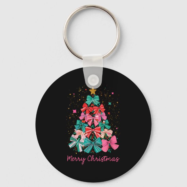 Coquette Bow Merry Christmas Xmas Tree Family Paja Keychain (Front)