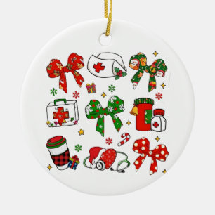 Coquette Bow Nurse Christmas Nursing Merry Xmas Ceramic Ornament