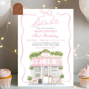 Coquette Bow Parisian cafe French 1st Birthday Inv Invitation