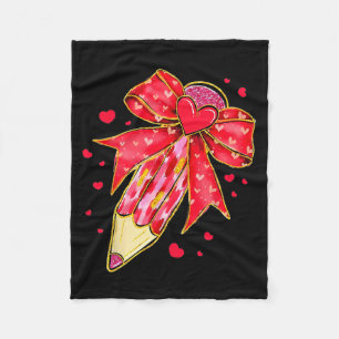 Coquette Bow Pencil Heart Teacher Valentine Fleece Blanket