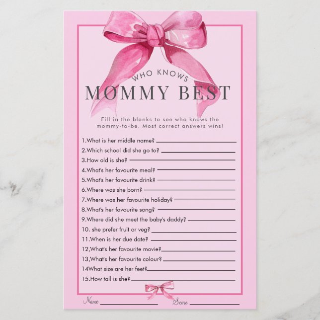 Coquette Bow | Pink Baby Girl Shower Game (Front)