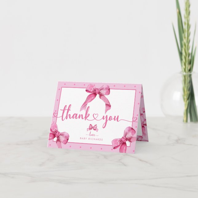 Coquette Bow | Pink Baby Girl Shower  Thank You Card (Front)