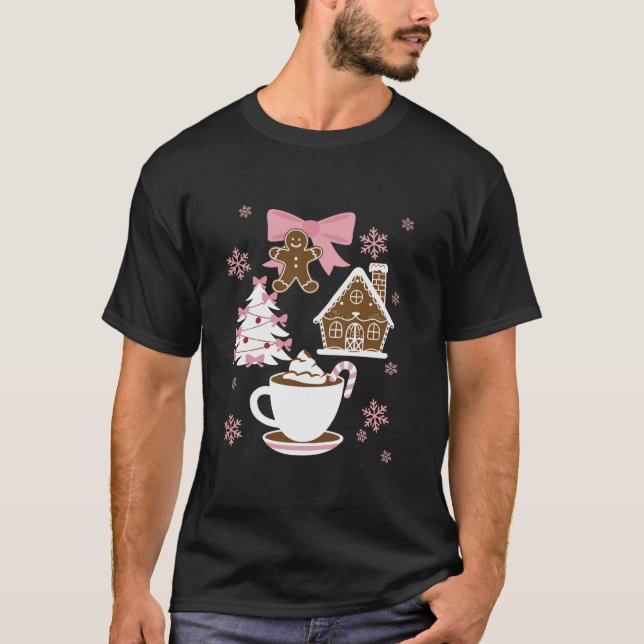 Coquette Bow Pink Gingerbread Christmas Girly Xmas T-Shirt (Front)