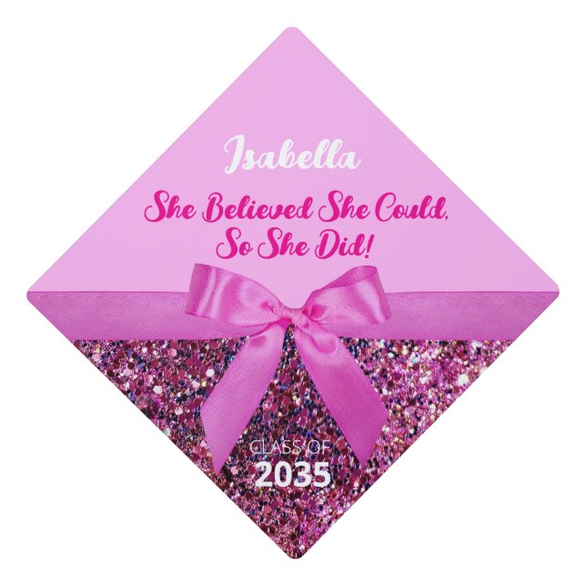 Coquette Bow & Pink Purple Glitter Script Name Graduation Cap Topper (Front)