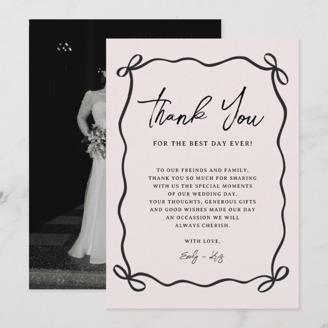 Coquette Bow Pink Wedding Photo Thank You Card (Front/Back)