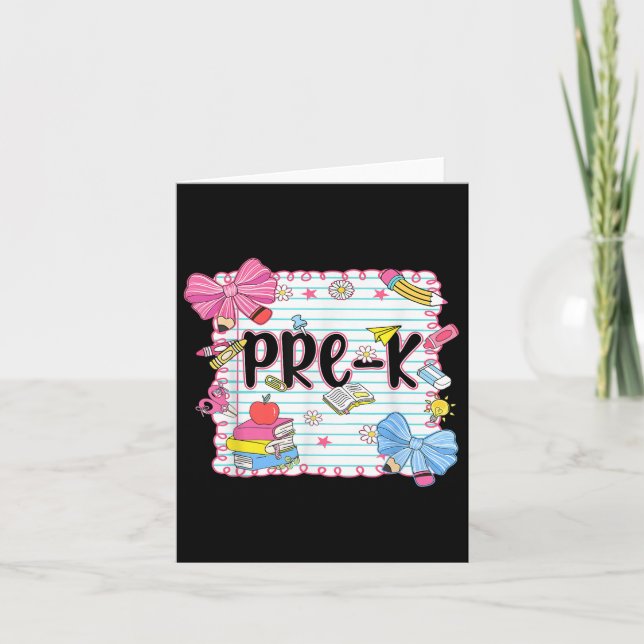 Coquette Bow Pre-k First Day Of School Teacher Kid Card (Front)
