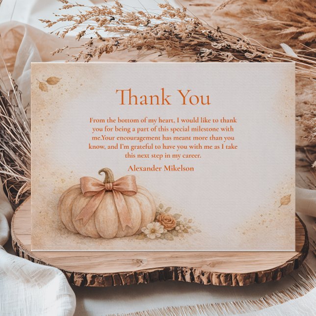 Coquette Bow Pumpkin Fall Graduation Thank You Card (Creator Uploaded)