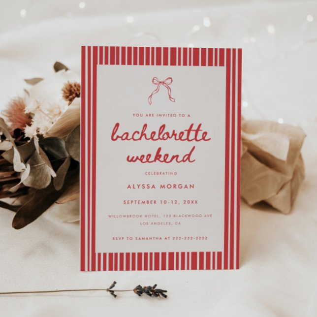Coquette Bow Red Striped Bachelorette Weekend Invitation (Creator Uploaded)