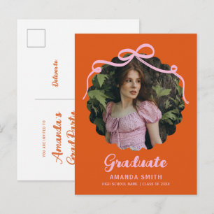 Coquette Bow Retro Orange & Pink Graduation Photo Invitation Postcard