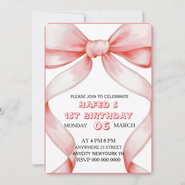 Coquette Bow rose Invitation Anniversaire, 13e Bi (Devant)