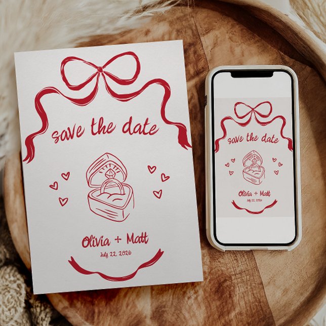Coquette Bow Save the Date Card Red Ribbon (Creator Uploaded)